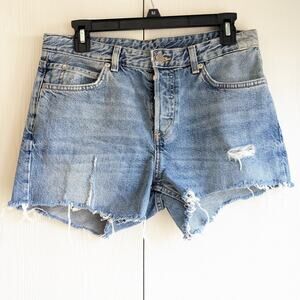 & Denim Women's Blue Denim Cut-off Taille Basse Low Waist Boyfriend Short Size 6